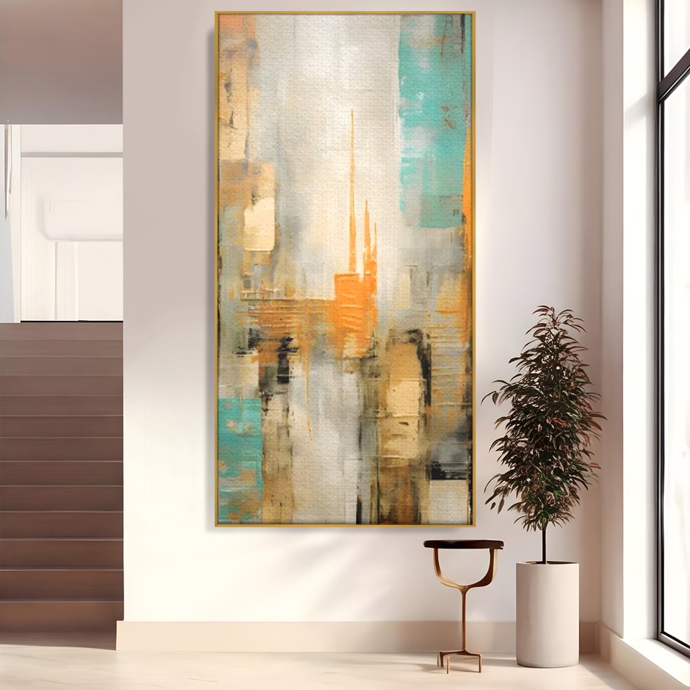 Tablou canvas cu pictura abstracta cu peisaj urban, in rama de aluminiu auriu
